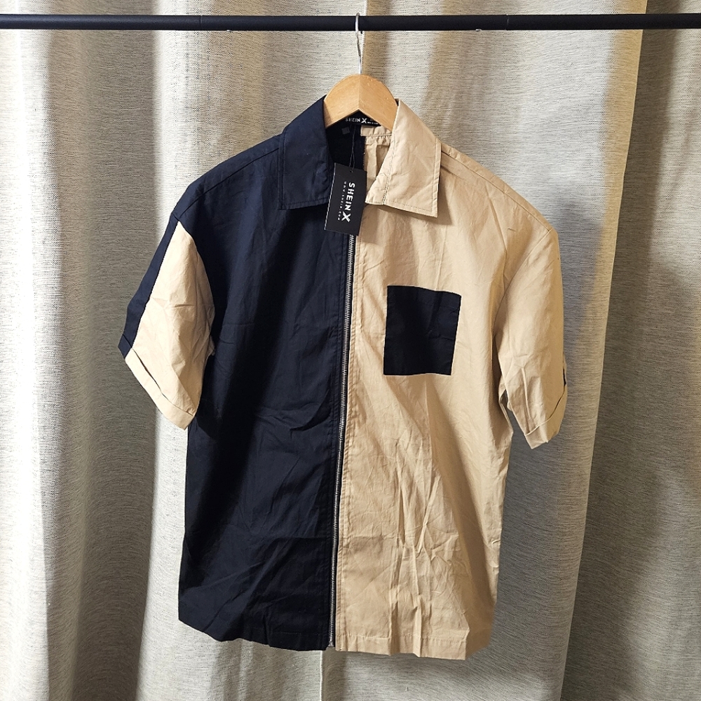 Mens 2 tone colorblock shirt size s tan black